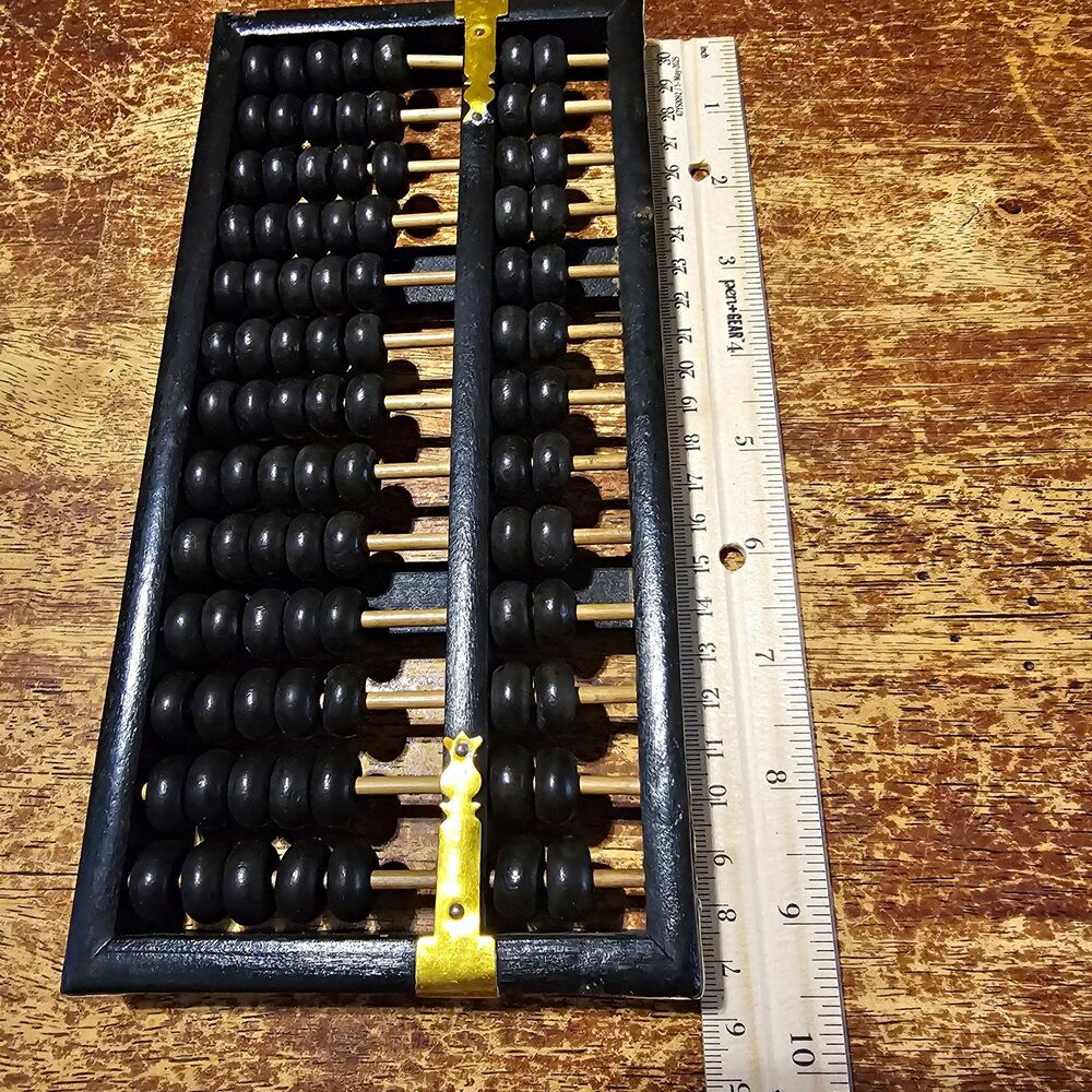 Vintage Wooden Abacus Counting Frame, Black Beads, Brass Hardware, 10 in
